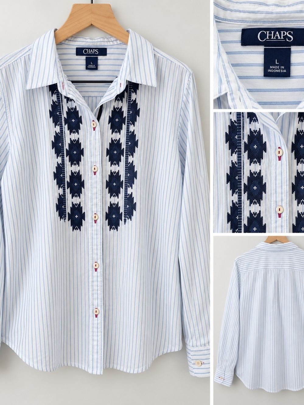 Chaps Light Blue and Navy Striped Button-Down Shirt with Embroidery